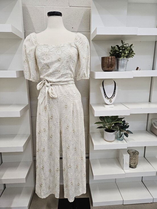 Traffic People Pants - Cream And Gold Embroidered Jumpsuit